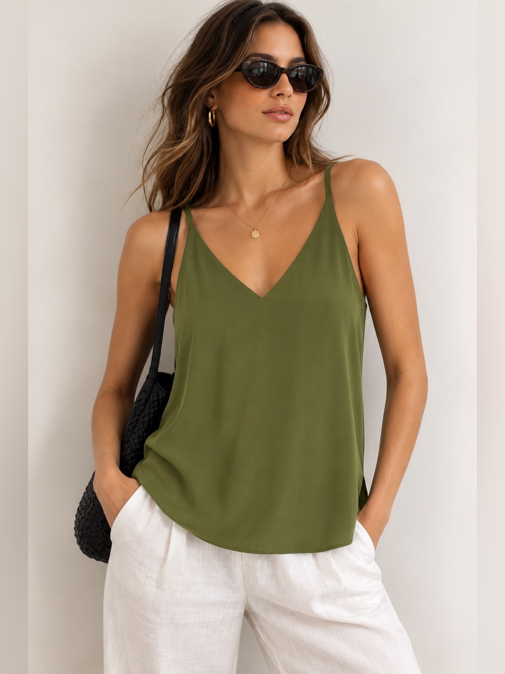 Topshop Olive Double Strap V-Neck Cami | Open Back Layered Tank Sz 8 / Medium